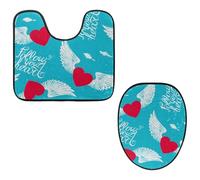 Eslifey Set di 2 copriwater e tappetino per WC a forma di U, con scritta "Follow Your Heart", con ali d'amore, lavabili in lavatrice, antiscivolo, assorbenti