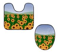 Eslifey Set di 2 copriwater e tappetino per WC a forma di U, girasoli e cielo, lavabili in lavatrice, tappetini antiscivolo assorbenti