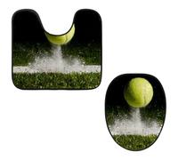 Eslifey Set di 2 copriwater e tappetino per WC a forma di U, Match Point con una palla da tennis che colpisce la linea, lavabile in lavatrice, tappetini antiscivolo assorbenti