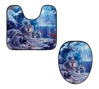 Eslifey Set di 2 copriwater e tappetino per WC a forma di U, motivo: lupi in inverno, lavabili in lavatrice, antiscivolo, assorbenti