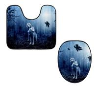 Eslifey Set di 2 copriwater e tappetino per WC a forma di U, motivo: lupi nella foresta, lavabili in lavatrice, antiscivolo, assorbenti