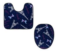 Eslifey Set di 2 copriwater e tappetino per WC a forma di U, motivo: Parigi Torre Eiffel, papillon con sfondo blu navy, lavabili in lavatrice, tappetini antiscivolo assorbenti