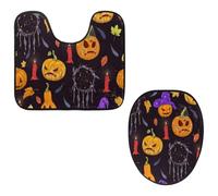 Eslifey Set di 2 copriwater e tappetino per WC a forma di U, motivo: zucche di Halloween, acchiappasogni, lavabili in lavatrice, antiscivolo, assorbenti