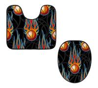 Eslifey Set di 2 copriwater e tappetino per WC a forma di U, set da 2 pezzi, tappetino da basket con fiamma hot rod e fiamma, lavabile in lavatrice, antiscivolo, assorbente