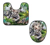 Eslifey Set di 2 copriwater e tappetino per WC a forma di U, set di tappetini per WC della famiglia Tigers, lavabili in lavatrice, antiscivolo, assorbenti