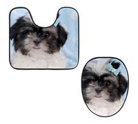Eslifey Set di 2 copriwater e tappetino per WC a forma di U, set di tappetini per WC Shih Tzu, lavabili in lavatrice, antiscivolo, assorbenti