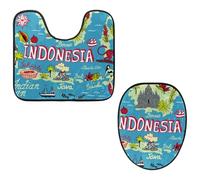Eslifey Set di 2 tappetini per WC e tappetino per WC a forma di U, con mappa dell'Indonesia, lavabili in lavatrice, antiscivolo, assorbenti