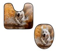 Eslifey Set di 2 tappetini per WC e tappetino per WC a forma di U, grazioso cane Labrador Retriever che corre attraverso un fiume, lavabili in lavatrice, tappetini antiscivolo assorbenti