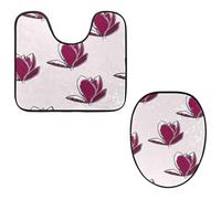 Eslifey Set di 2 tappetini per WC e tappetino per WC a forma di U, motivo con fiori di magnolia viola, lavabili in lavatrice, antiscivolo, assorbenti