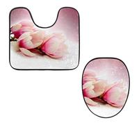 Eslifey Set di 2 tappetini per WC e tappetino per WC a forma di U, motivo floreale di magnolia rosa, lavabili in lavatrice, antiscivolo, assorbenti