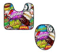 Eslifey Set di 2 tappetini per WC e tappetino per WC a forma di U, motivo fumetti con bolle di discorso e razzo, sveglia, lavabili in lavatrice, antiscivolo, assorbenti