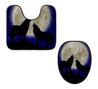 Eslifey Set di 2 tappetini per WC e tappetino per WC a forma di U, motivo: lupi che ululano alla luna piena, lavabili in lavatrice, antiscivolo, assorbenti