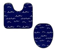 Eslifey Set di 2 tappetini per WC e tappetino per WC a forma di U, set di tappetini per WC blu con onde nautiche, lavabili in lavatrice, tappetini antiscivolo assorbenti