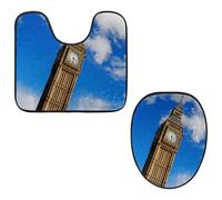 Eslifey Set di 2 tappetini per WC e tappetino per WC a forma di U, set di tappetini per WC Blue Sky Big Ben, lavabili in lavatrice, antiscivolo, assorbenti