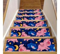 Eslifey Simpatici suini notturni con luna, nuvole e stelle, per gradini in legno, confezione da 15 pezzi, 76,2 x 20,3 cm, antiscivolo, per interni, per cani, bambini, anziani, con adesivo