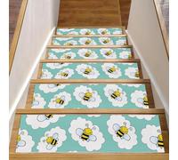 Eslifey Tappetini per scale in legno, antiscivolo, per interni, 76,2 x 20,3 cm, con adesivo riutilizzabile, motivo api gialle, nuvole bianche, blu, per scale, per cani, bambini, anziani, confezione da