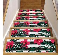 Eslifey Tappetini per scale in legno con foglie tropicali, fiori rossi, strisce nere, per gradini in legno, 76,2 x 20,3 cm, antiscivolo, per interni, per cani, bambini e anziani, con adesivo