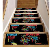 Eslifey Tappetini per scale in legno con mappa del mondo, colore nero, con mappa del mondo Russia, Canada, confezione da 15, 76,2 x 20,3 cm, antiscivolo, per interni, per cani, bambini, anziani, con