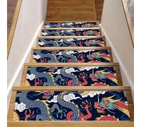 Eslifey Tappetini per scale in legno con motivo drago cinese, nuvole e drago, confezione da 15 pezzi, 76,2 x 20,3 cm, antiscivolo, per interni, per cani, bambini, anziani, con adesivo riutilizzabile