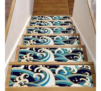 Eslifey Tappetini per scale in legno, motivo onde orientali, blu, bianchi, 76,2 x 20,3 cm, antiscivolo, per interni, per cani, bambini, anziani, con adesivo riutilizzabile, confezione da 15
