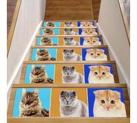 Eslifey Tappetini per scale in legno, motivo ritratti di gatti, confezione da 15, 76,2 x 20,3 cm, antiscivolo, per interni, per cani, bambini, anziani, con adesivo riutilizzabile