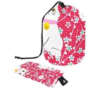 Eslifey Trousse da viaggio per cosmetici a cilindro, borsa multifunzionale per articoli da toeletta con tasca portaoggetti rotonda, motivo con gatto fortunato Maneki-Neko seduto con fiori, Multicolore