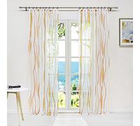 ESLIR Tenda con nastro arricciato, trasparente, motivo onde, in voile, arancione, 140 x 225 cm, 1 pezzo