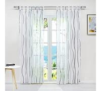 Eslir - Tenda con passanti, trasparente, motivo onde, in voile, 140 x 245 cm (larghezza x altezza), 1 pezzo, colore grigio