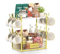 EsLuker.ly Organizer da bar a 2 ripiani per cucina, multifunzione, espositore per tazze da caffè, scaffale per accessori con 12 ganci, bianco-oro