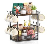 EsLuker.ly Portabicchieri per tazze da caffè, organizer per stazioni bar, 2 ripiani, per piano di lavoro, cucina, espositore a torre con 12 ganci, per migliorare gli angoli del caffè, marrone-nero