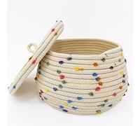 Esme L&H Piccolo cestino in corda con coperchio, 25,4 x 16,5 cm, piccolo cestino rotondo in tessuto, con pompon colorati arcobaleno, cestino piccolo, contenitore, organizer per snack, asciugamani,