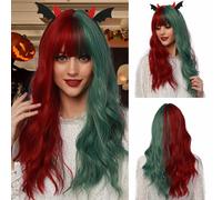 Esmee 22 pollici Donne parrucche sintetiche lunghe rosse ondulate/verde con soffici colpi di aria leggera cosplay parrucche da festa di Halloween
