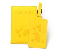 esmen Set di etichette for bagagli con portapassaporto in pelle PU, da viaggio, portadocumenti, custodia for passaporto in vegana(Geel)