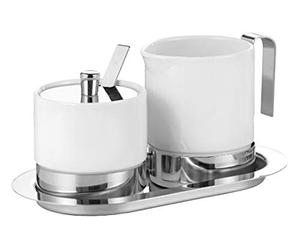 Esmeyer Adam - Set per Zucchero e Schiuma Latte da 5 Pezzi Adam, in Porcellana Bianca e Acciaio Inox, Set Composto da: Lattiera per Schiuma Latte 0,25 Litri,