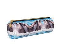 ESNAIUVCD Astuccio cilindrico in pelle con stampa di due delfini nell'acqua, con cerniera, in pelle sintetica di alta qualità, multifunzione, adatto per studenti, bianco, Taglia unica, Beauty Case