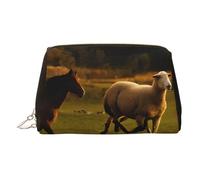 ESNAIUVCD Beauty case con stampa di cavalli neri e nuvole rosse, borsa per cosmetici, borsa per cosmetici da donna, in pelle PU, con cinturino da polso, borsa da viaggio per articoli da toeletta, Oro