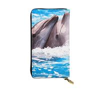 ESNAIUVCD Due delfini nell'acqua stampa in vera pelle da donna, portafogli da uomo, multifunzione, con cerniera intorno al grande telefono cellulare da viaggio lungo portamonete, Nero , Taglia unica