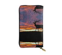 ESNAIUVCD Red Deer Bull Elk Tramonto Stampa Vera Pelle Donna Uomo, Portafogli Multifunzione, Zip Intorno Grande Viaggio Cellulare Lungo Portamonete, Nero , Taglia unica
