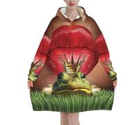 ESNAIUVCD Red Lips Getting Ready to Kiss A Frog Print Oversize Coperta con cappuccio - Coperta indossabile in flanella per adulti, unisex, unisex, felpa con cappuccio morbida e confortevole, Nero