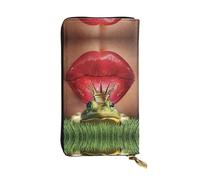 ESNAIUVCD Red Lips Getting Ready to Kiss A Frog Stampa Vera Pelle Donna Uomo, Portafogli Multifunzione, Zip Intorno Grande Viaggio Telefono Cellulare Lungo Portamonete, Nero , Taglia unica