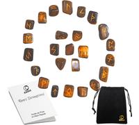 ESOAS Rune Celtiche Vichinghe Occhio di Tigre, Set x25 Pietre Lucide Semi Preziose Incise con Sacco, Ideale per Divinazione, Viaggia e Magia, Alphabet Runico Futhark, Oracle della Mytologia Nordica
