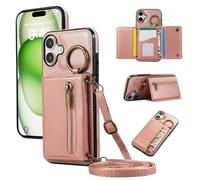 ESONG Cover per iPhone 16 Portafoglio Case con Cordino Cinturino e Ring,Custodia A Libro In Pelle Flip Cerniera,Caso per Donna Con Porta Carte,Magnetica,Supporto Rosa