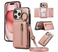 ESONG Cover per iPhone 16 Pro Portafoglio Case con Cordino Cinturino e Ring,Custodia A Libro In Pelle Flip Cerniera,Caso per Donna Con Porta Carte,Magnetica,Supporto Rosa