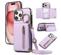 ESONG Cover per iPhone 16 Pro Portafoglio Case con Cordino Cinturino e Ring,Custodia A Libro In Pelle Flip Cerniera,Caso per Donna Con Porta Carte,Magnetica,Supporto Viola