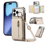 ESONG Cover per iPhone 17 PRO Portafoglio Case con Cordino Cinturino e Ring,Custodia A Libro In Pelle Flip Cerniera,Caso per Donna Con Porta Carte,Magnetica,Supporto Beige