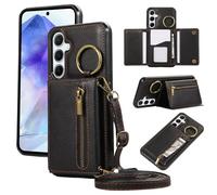 ESONG Cover per Samsung Galaxy A34 5G Portafoglio Case con Cordino Cinturino e Ring,Custodia A Libro In Pelle Flip Cerniera,Caso per Donna Con Porta Carte,Magnetica,Supporto Nero