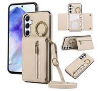 ESONG Cover per Samsung Galaxy A37 Portafoglio Case con Cordino Cinturino e Ring,Custodia A Libro In Pelle Flip Cerniera,Caso per Donna Con Porta Carte,Magnetica,Supporto Beige