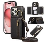 ESONG Cover per Samsung Galaxy S21 Ultra Portafoglio Case con Cordino Cinturino e Ring,Custodia A Libro In Pelle Flip Cerniera,Caso per Donna Con Porta Carte,Magnetica,Supporto Nero