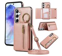 ESONG Cover per Samsung Galaxy S25 FE Portafoglio Case con Cordino Cinturino e Ring,Custodia A Libro In Pelle Flip Cerniera,Caso per Donna Con Porta Carte,Magnetica,Supporto Rosa