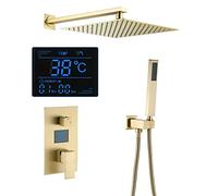 ESOP Colonna Doccia con Soffione e Doccetta, Oro Spazzolato Kit Doccia Display Digitale Colonna Doccia Montaggio a Parete Set Doccia con 30 cm * 30 cm LED Soffione Doccia a Pioggia